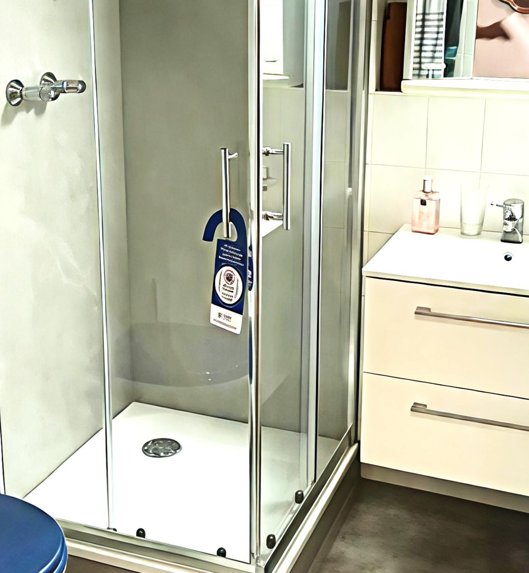 Barrierearme Dusche mit Eckzugang, Glasabtrennung und verchromten Griffen, neben einem modernen weißen Waschschrank mit Spiegelschrank.