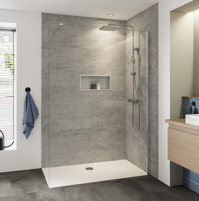 Herstellerfoto Walk-In Dusche mit grauen Betonoptik-Wandverkleidungen und Regenduschkopf